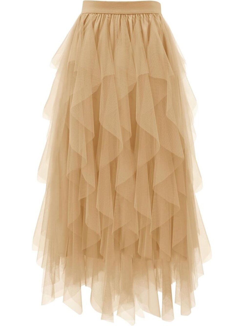 Women's Camel High Waist Layered Tulle Mesh Ruffle Asymmetric Midi Tutu Skirt